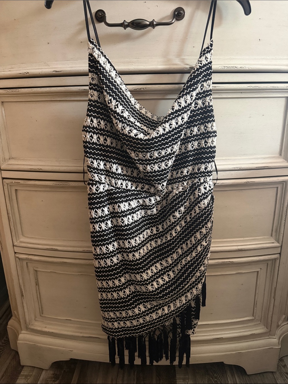 Fashion Nova Black & White Crochet Fringe Slip Dress